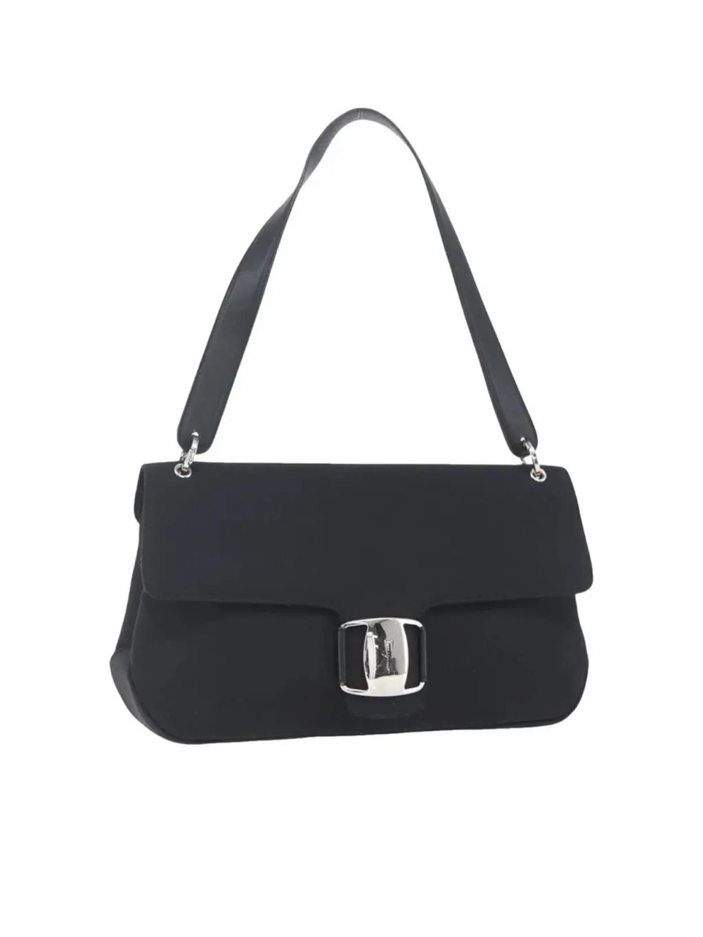 Vintage Salvatore Ferregamo Black Vara Flap Logo Bag with Silver Buckle